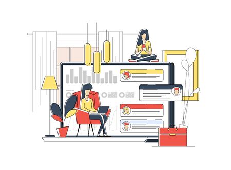 A girl sitting on the sofa works on the laptop. Vector flat illustration. Landing page template, cartoon style.のイラスト素材