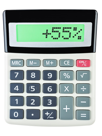Calculator with 55 on display on white backgroundの写真素材