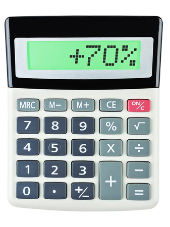 Calculator with 70 on display on white backgroundの写真素材