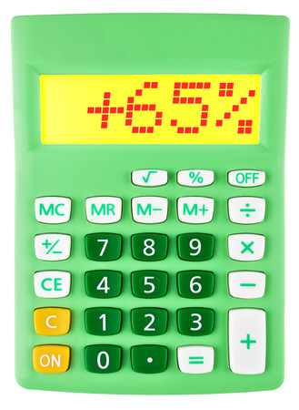 Calculator with 65 on display on white backgroundの写真素材