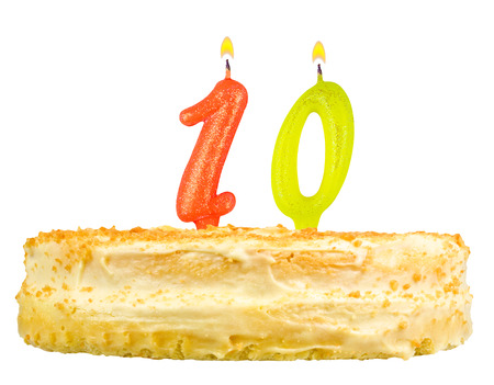 birthday cake with candles number ten isolated on white backgroundの写真素材