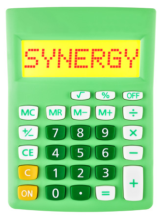Calculator with SYNERGY  isolated on display on white backgroundの写真素材