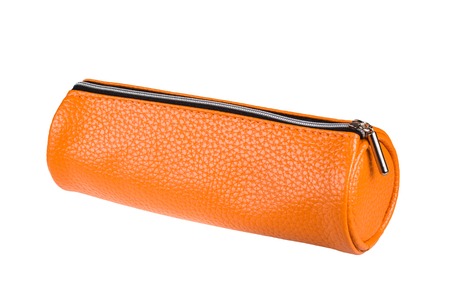 orange pencil case isolated on white backgroundの写真素材