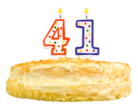 birthday cake with candles number forty one isolated on white backgroundの写真素材