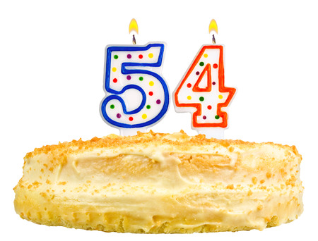 birthday cake with candles number fifty four isolated on white backgroundの写真素材