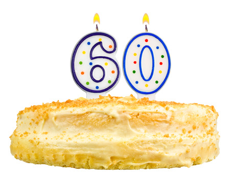 birthday cake with candles number sixty isolated on white backgroundの写真素材