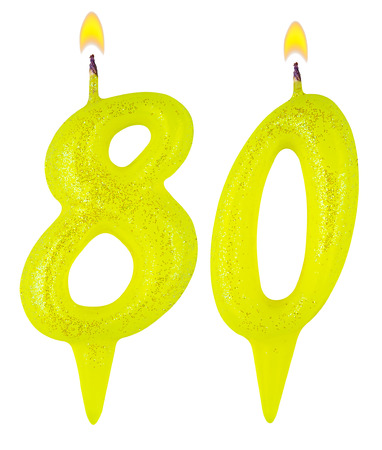 Birthday candles number eighty isolated on white backgroundの写真素材
