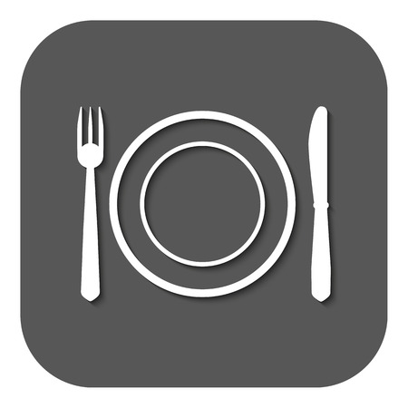 The Plate dish with fork and knife icon. Plate dish with fork and knife symbol. Flat Vector illustration. Buttonのイラスト素材