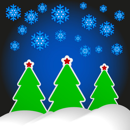 three trees with red stars on a background of blue sky and flying snowflakesのイラスト素材
