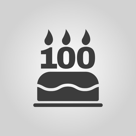 The birthday cake with candles in the form of number 100 icon. Birthday symbol. Flat Vector illustrationのイラスト素材