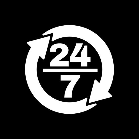 The 24 7 icon. Open and assistance, support symbol. Flat Vector illustration. Button