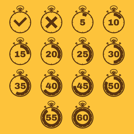 The stopwatch icon, set of 14 icons. Clock and watch, timer, countdown, stopwatch symbol. UI. Web. Logo. Sign. Flat design. App. Stock vectorのイラスト素材