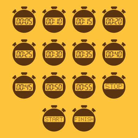 The stopwatch icon, set of 14 icons. Clock and watch, timer, countdown, stopwatch symbol. UI. Web. Logo. Sign. Flat design. App. Stock vectorのイラスト素材
