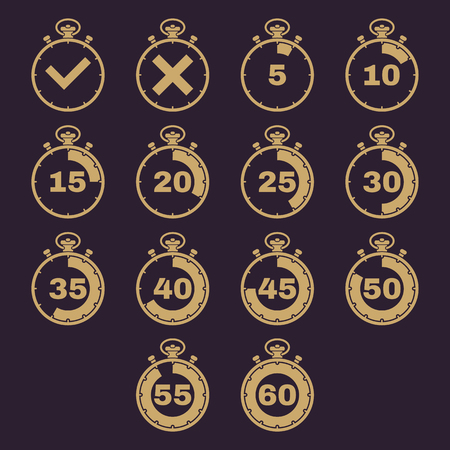The stopwatch icon, set of 14 icons. Clock and watch, timer, countdown, stopwatch symbol. UI. Web.のイラスト素材