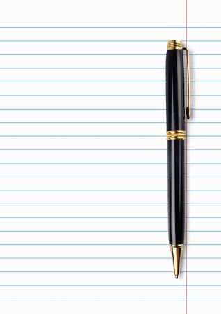 Realistic copybook page with black and gold pen. Paper background. Notebook and diary, education, organizer, copybook symbol Stock - Vector illustrationのイラスト素材