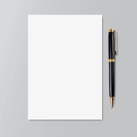 Realistic copybook page with black and gold pen. Mockup. Paper background. Notebook and diary, education, organizer, copybook symbol Stock - Vector illustrationのイラスト素材