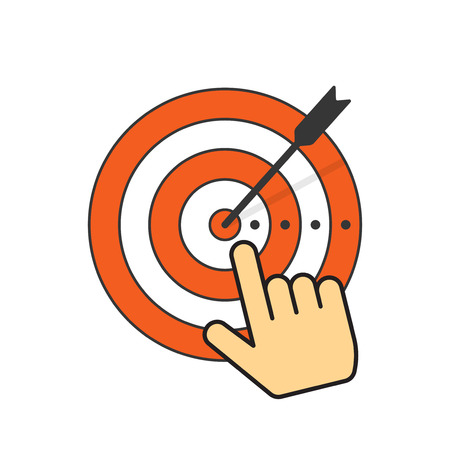 Abstract target icon with arrow in center of aim, hand with pointer finger, vector illustration design isolated on white backgroundのイラスト素材
