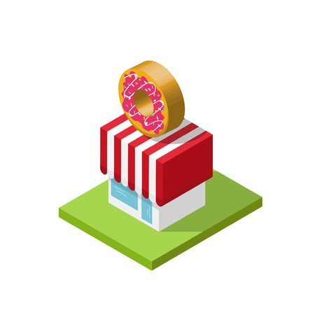 3d isometric store vector illustration, donuts shop cartoon simple minimal isometry cubical geometric style, bakery cafe building design element isolated on white backgroundのイラスト素材