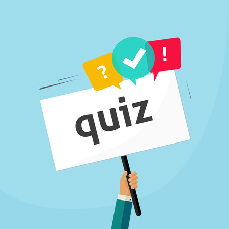 Hand holding placard with quiz text and speech bubble symbols, concept of questionnaire show sing, question competition banner, exam, interview design vector illustration isolated on blue backgroundのイラスト素材