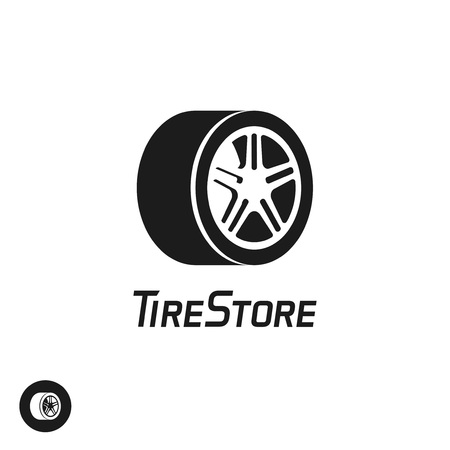 Tire store vector logo template isolated on white background, black and white abstract wheel with disk symbol, flat simple icon design, creative emblem, trendy brand signのイラスト素材
