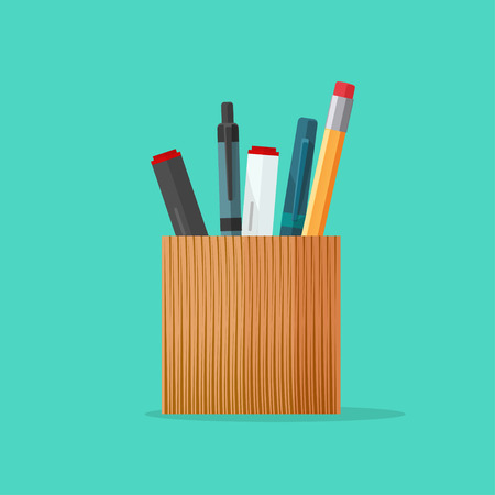 Pencil holder, pen holder,  wooden pencil and marker cup, pen case vector illustration, stationery set flat modern cartoon design isolated on green backgroundのイラスト素材