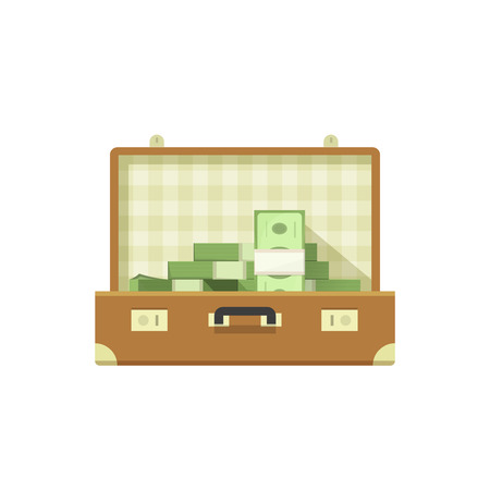 Leather suitcase open full of money vector illustration isolated on white background, suitcase money concept, suit case open, suitcase cash flat icon cartoon designのイラスト素材