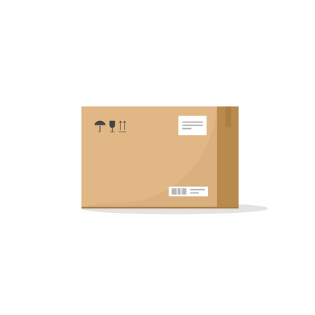 Carton box container vector illustration, cardboard box pack with handling packing icons, text stickers, bar code, closed parcel box, package paper box flat cartoon design isolated on whiteのイラスト素材