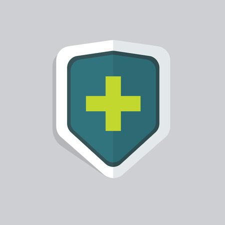 Medical shield vector icon isolated, green medical cross on shield, concept of guard, pharmacy insurance symbol, protection, medical safety sign flat cartoon illustration designのイラスト素材