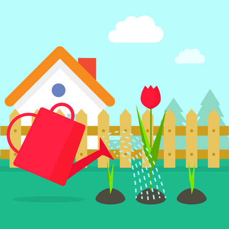 Garden vector illustration, cartoon village garden with house, red water can watering flowers sprouts, gardening concept designのイラスト素材
