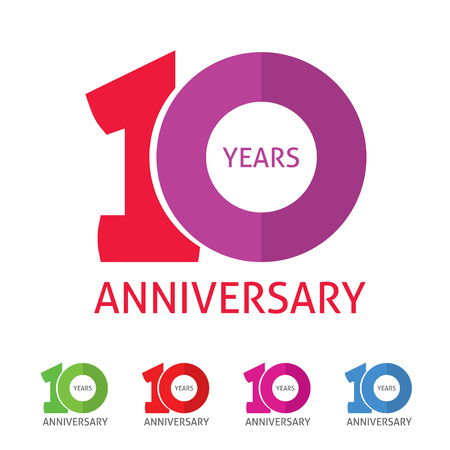 10th anniversary  template with a shadow on circle number 1 one. 10 years anniversary icon. Ten years birthday party symbol. Tenth company sale sticker, badge, ribbon, poster,   emblemのイラスト素材