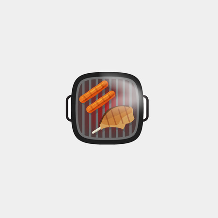 Barbecue grill vector icon isolated on white background, hot grilled sausages and grilled steak meat on barbecue grill with smoke, cooking food flat cartoon illustration designのイラスト素材