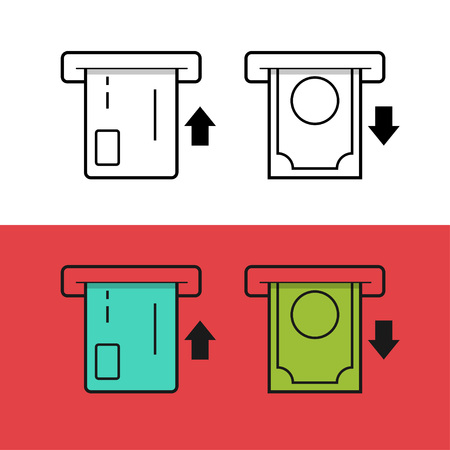 ATM card and money vector icons, cash machine money withdraw, inserting credit card, electronic exchange, thin line flat icons, outline linear pictogram isolated on white red backgroundのイラスト素材