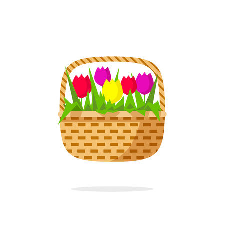 Flowers basket vector icon, abstract flowers beauty bouquet with green leaves, tulips, concept of gift symbol, shop  , delivery emblem, flat modern illustration design isolate on white backgroundのイラスト素材