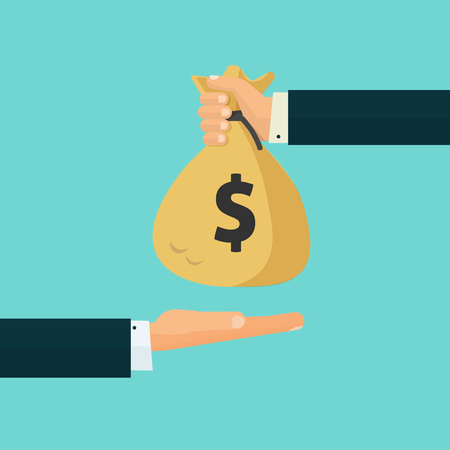 Hand giving money bag to another hand, payment, credit, loan, banking poster vector illustration isolated on blue background, cartoon flat designのイラスト素材