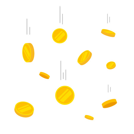 Coins falling vector illustration, falling money, flying gold coins, abstract coins dropping golden rain concept modern flat cartoon design isolated on white backgroundのイラスト素材