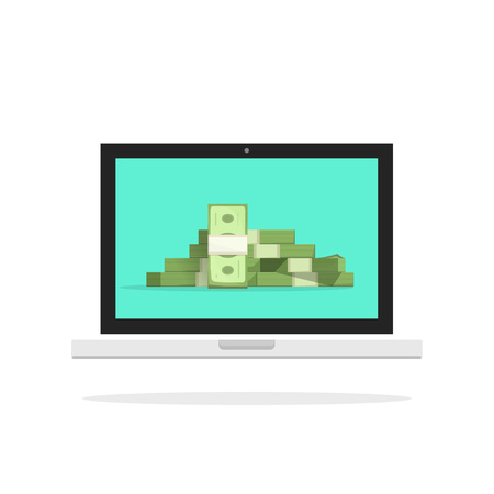 Laptop money vector illustration, mobile pc computer big pile of money, concept of online money, internet earnings, web cash, income, revenue, growth, moderns flat design isolated on white backgroundのイラスト素材