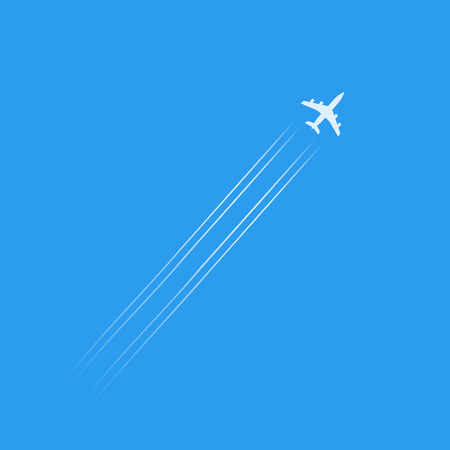 Flying plane silhouette isolated in blue sky, white plane shape with trails vector illustrationのイラスト素材