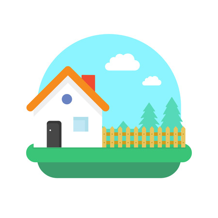 Village home vector illustration on nature landscape, country house with garden fenceのイラスト素材
