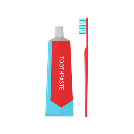 Toothpaste tube and toothbrush isolated on white background vector illustration, flat cartoon iconのイラスト素材