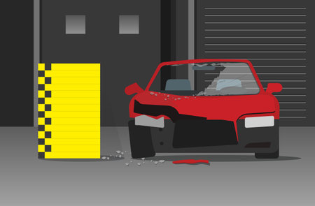 Crashed car vecot illustration on dark garage or night street, concept of crash testのイラスト素材