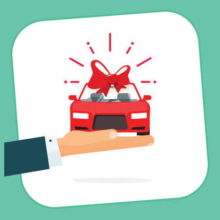 New car gift badge vector illustration, hand holding red auto with bow present, automobile gift , flat happy, dealership delivery service ribbon, sticker icon design isolated on white, signのイラスト素材