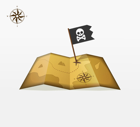 Treasure map vector illustration with coordinates, pirate flag symbol flat icon, skull crossbones, vintage compass badge, location, old retro ancient earth concept, isolated design ribbon labelのイラスト素材