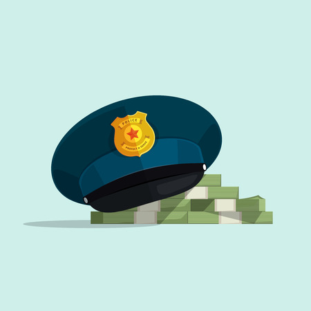 Concept of financial corruption, official law security, bribe, flat cartoon police hat covers pile of money vector illustration on blue backgroundのイラスト素材
