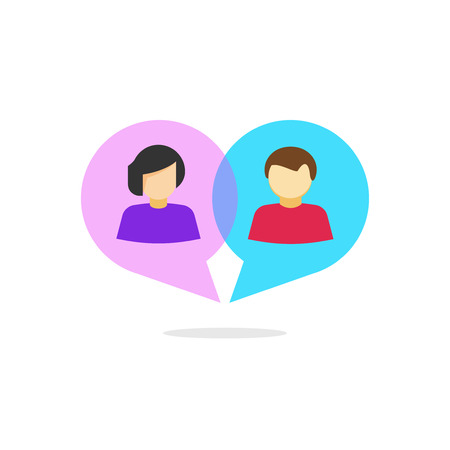 Woman and man relationship vector concept, flat cartoon abstract people in heart shaped bubble speech chatting, love relation communication, dating service, online dialog, isolatedのイラスト素材