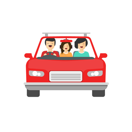Happy family inside car driving vector illustration isolated on white background, flat cartoon people together drive auto with smiling faces, concept of family trip, journey,のイラスト素材
