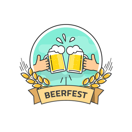 Beer festival vector label isolated on white background, flat hands holding beer glasses with foam and bubbles, beer fest  with ribbon, creative vintage banner design, outline line styleのイラスト素材
