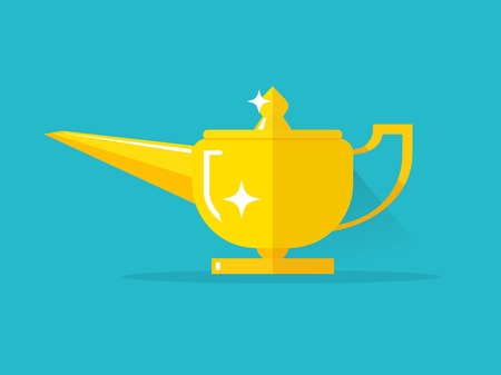 Aladdin lamp with Jean vector illustration isolated, flat cartoon Genie magic lamp on blue backgroundのイラスト素材