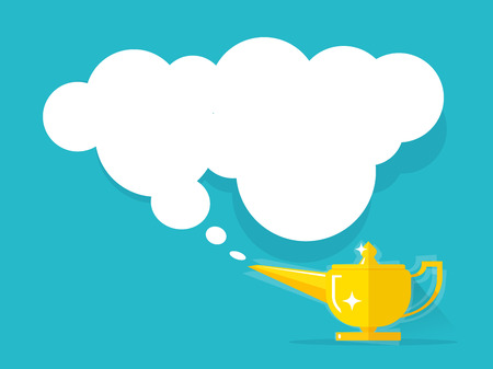 Aladdin lamp with Jean cloud vector illustration isolated on colorful background, old golden Genie magic lamp with wish smoke flat cartoon styleのイラスト素材
