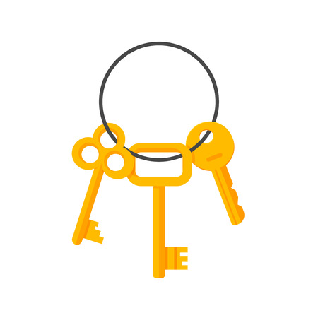 Keys hanging on key ring illustration isolated on white background, bunch of golden door and lock keys chain flat cartoon style imageのイラスト素材