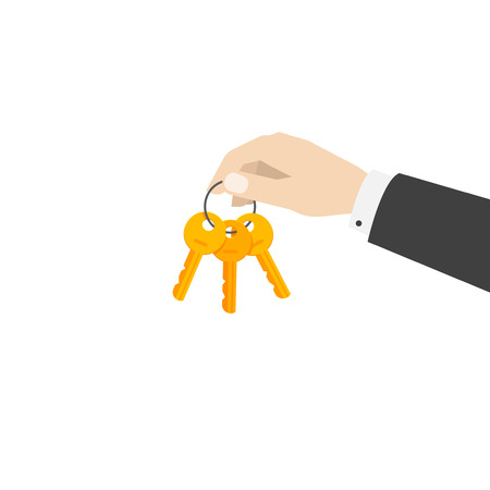 Hand holding keys chain vector illustration isolated on white background, flat cartoon person hand giving keys, concept of rental service, gift, accessのイラスト素材